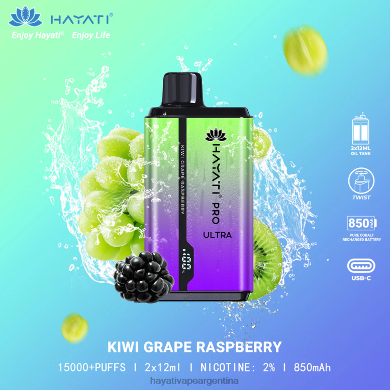 Hayati vape Argentina - Hayati Pro Ultra desechables 15000 inhalaciones kiwi uva frambuesa 28L5L202