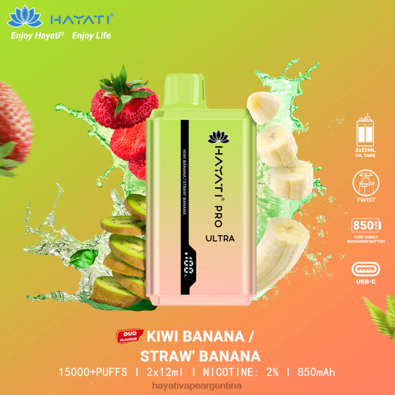 Hayati vape Argentina - Hayati Pro Ultra desechables 15000 inhalaciones plátano kiwi/plátano fresa 28L5L222