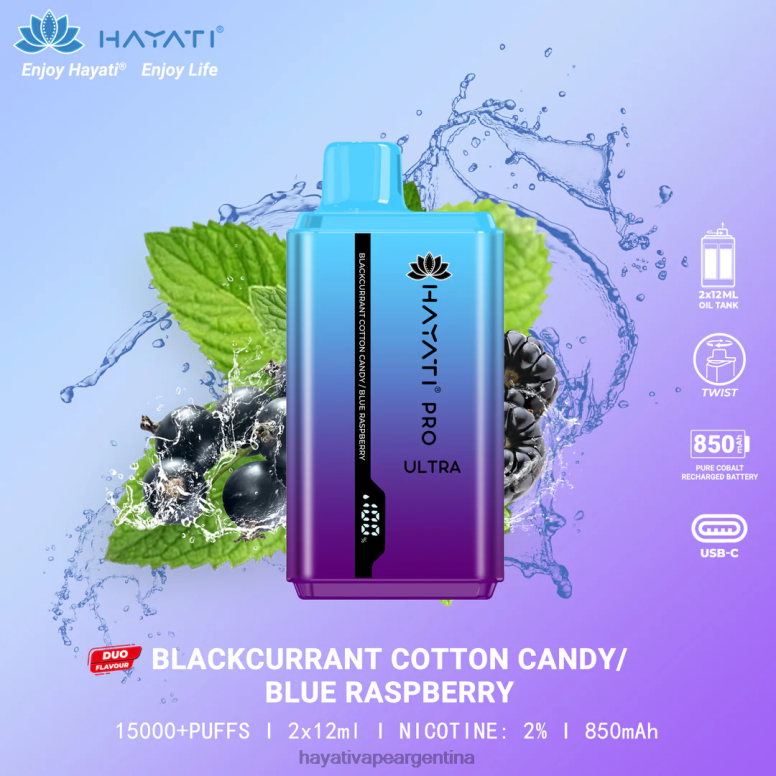 Hayati vape near me - Hayati Pro Ultra desechables 15000 inhalaciones algodón de azúcar grosella negra/frambuesa azul 28L5L216