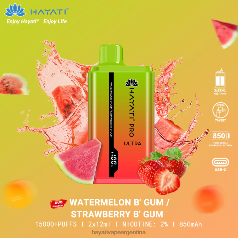 Hayati vape review - Hayati Pro Ultra desechables 15000 inhalaciones chicle de sandía/chicle de fresa 28L5L227