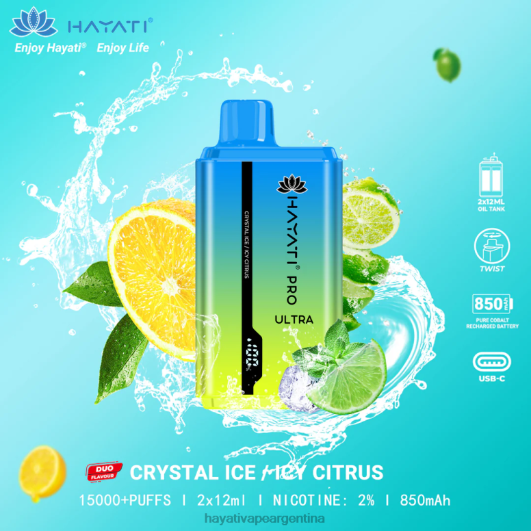 Hayati vapes wholesale - Hayati Pro Ultra desechables 15000 inhalaciones hielo cristalino/cítricos helados 28L5L218