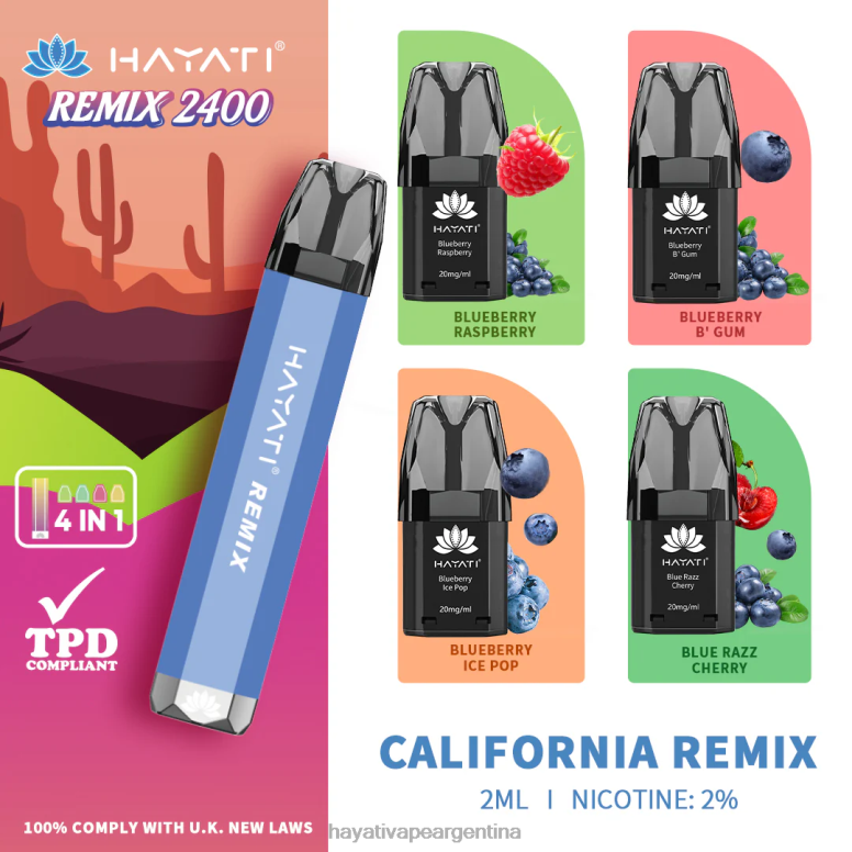 Hayati Argentina - Hayati Remix sistema de cápsulas precargadas 2400 inhalaciones remezcla de california 28L5L51