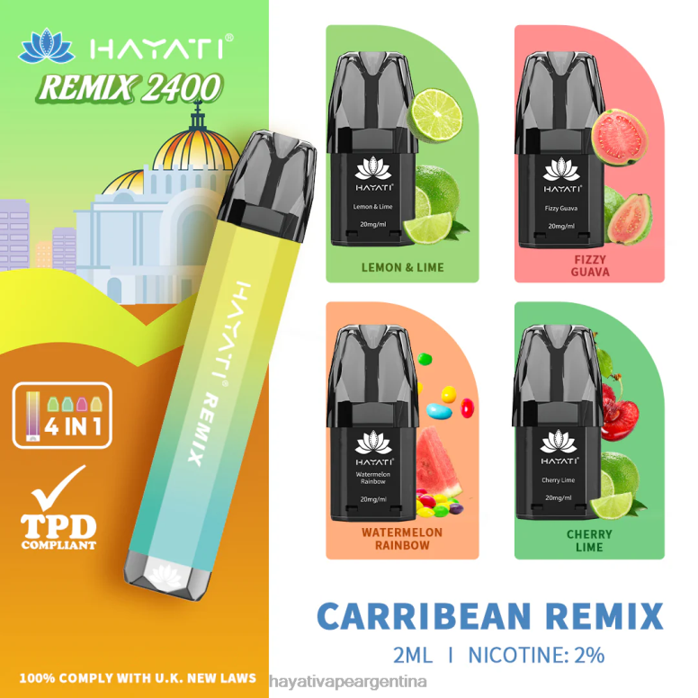 Hayati vape Argentina - Hayati Remix sistema de cápsulas precargadas 2400 inhalaciones remezcla caribeña 28L5L52